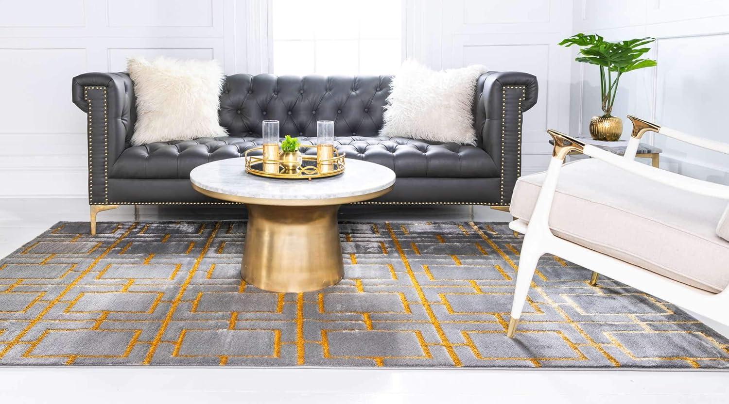 Elegant Gray and Gold Trellis 4' x 6' Synthetic Area Rug