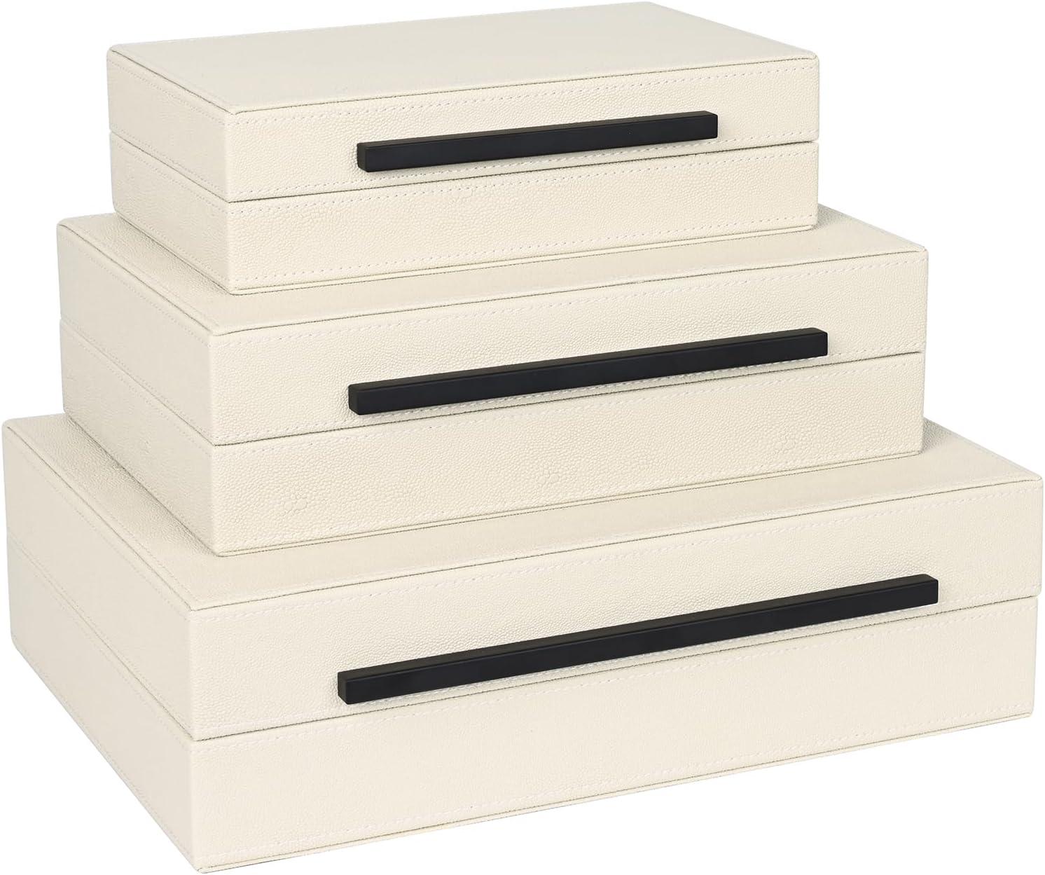 Faux  Leather Decorative Jewelry Storage Nesting Organizer Boxes with Lids Gold Handle Set of 3, Black