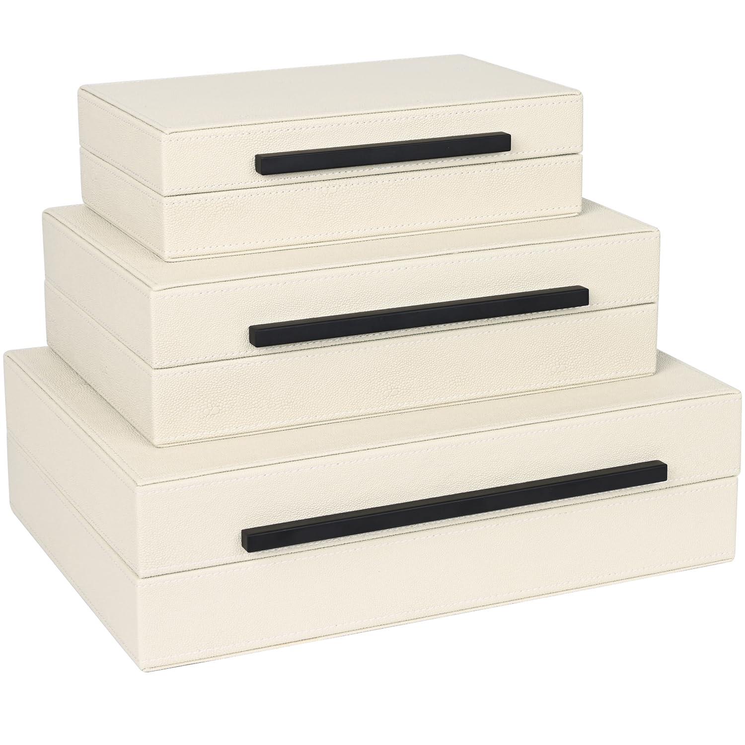 Faux  Leather Decorative Jewelry Storage Nesting Organizer Boxes with Lids Gold Handle Set of 3, Black