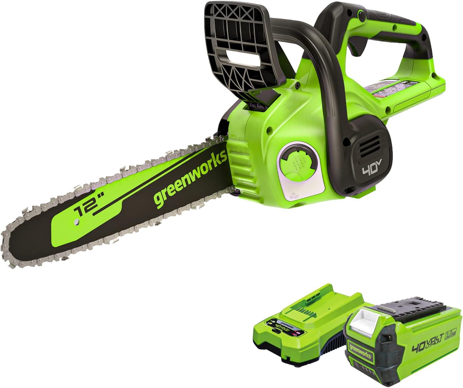 Green 12-Inch Battery-Powered Electric Chainsaw with Safety Chain