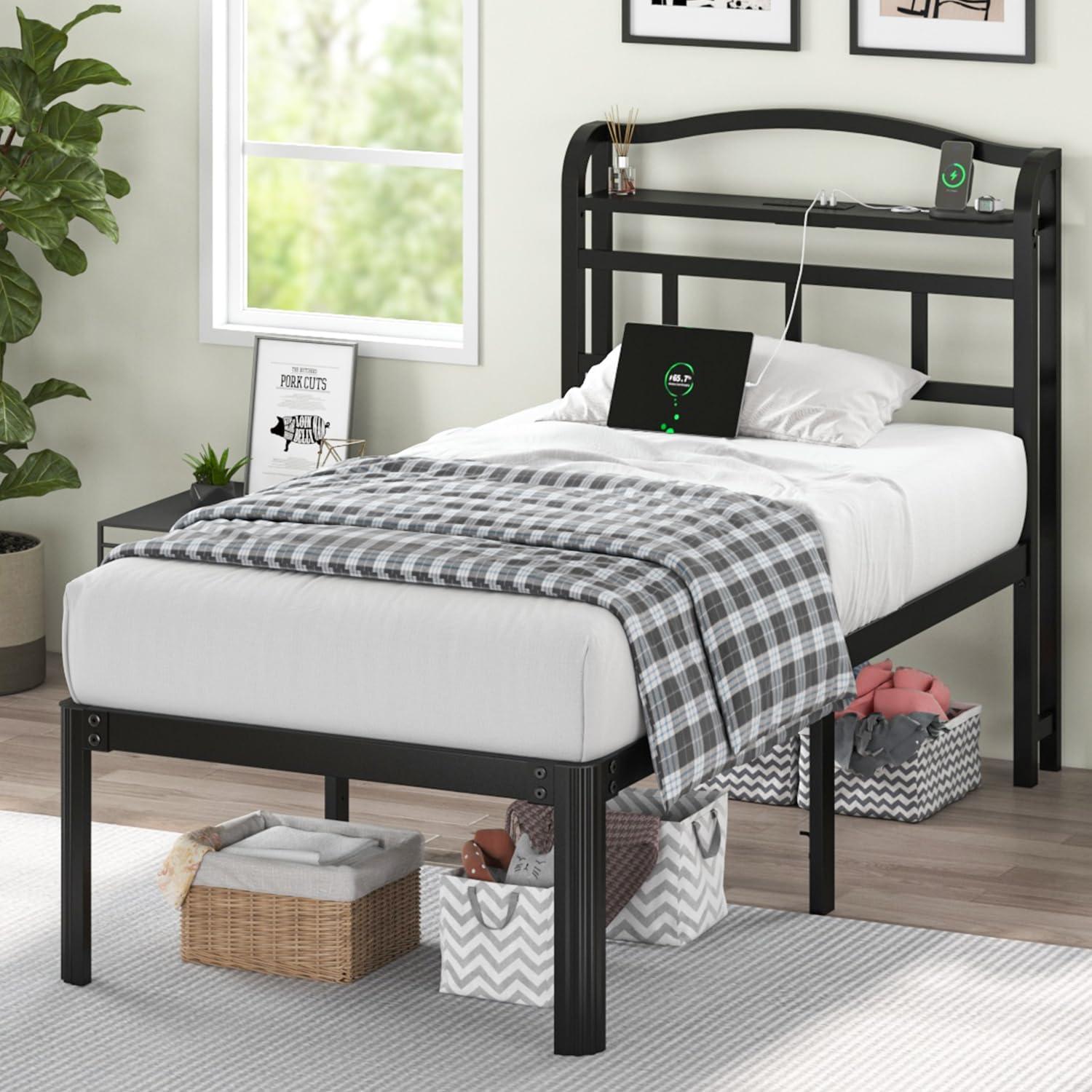 Twin Black Metal Bed Frame with Charging Station and Storage