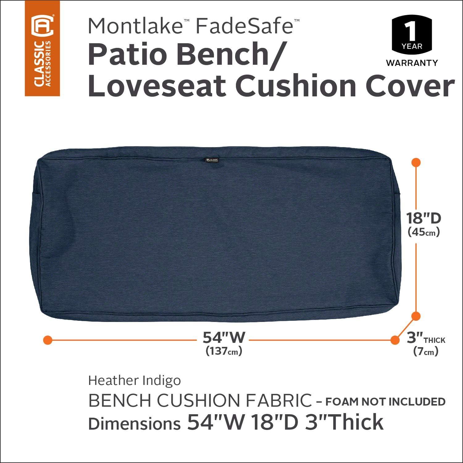 Classic Accessories Montlake FadeSafe Patio Bench/Settee Cushion Slip Cover - 3" Thick - Heavy Duty Outdoor Patio Cushion with Water Resistant Backing, Heather Indigo Blue, 54"W x 18"D x 3"T