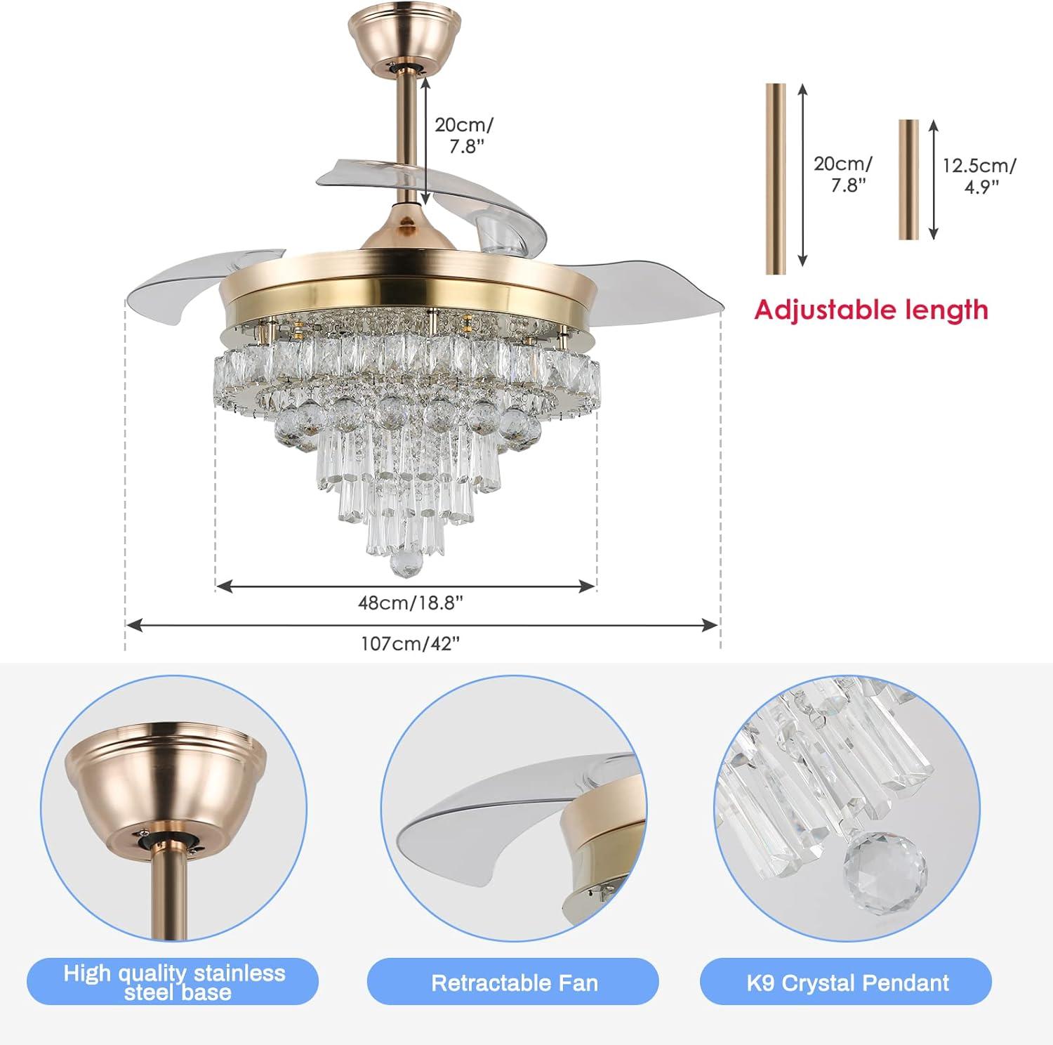 HOOMEDELIER 42" Chandelier Ceiling Fan with Remote, Crystal Beads Framed Fan with 4 Retractable Blades Smart Indoor Fandelier Fan