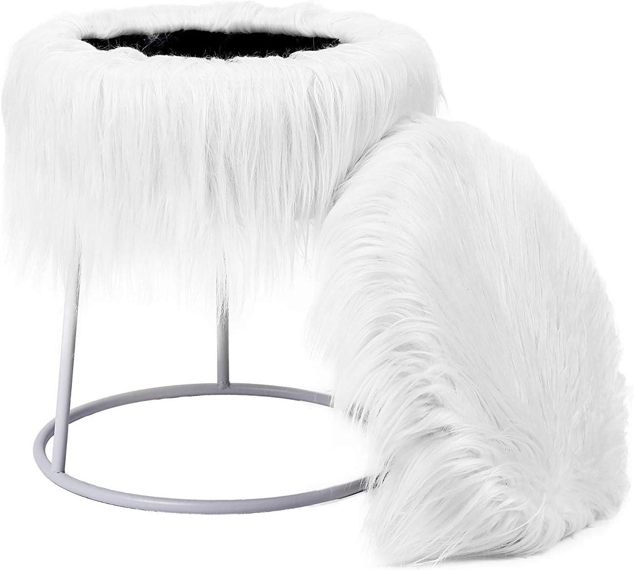 BirdRock Home Round White Faux Fur Foot Stool Storage Ottoman with Silver Legs