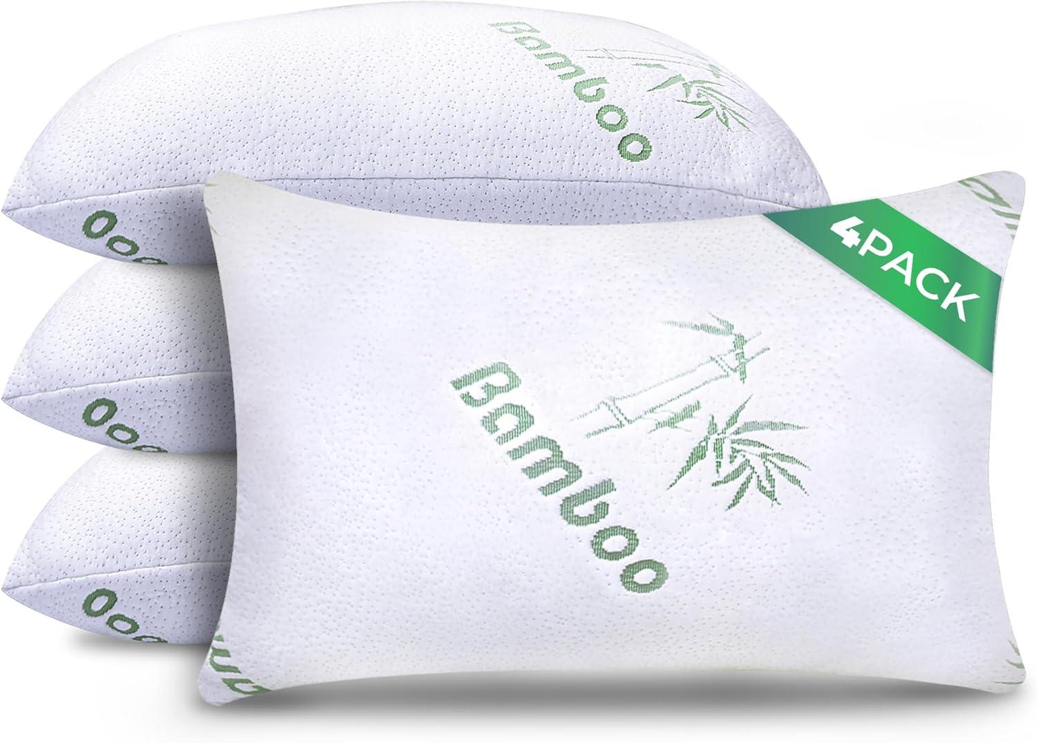 Memory Foam Bamboo Bed Pillows - 4 Pack Queen Size Cooling Pillows