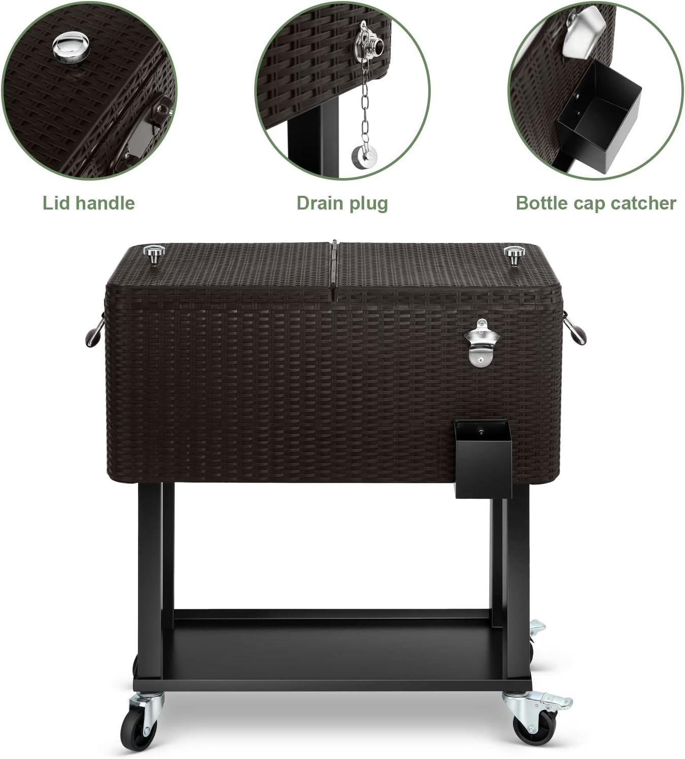 Bring Home Furniture Outdoor 80 Qt Rolling Cooler Cart, with Bottle Opener + Storage Shelf Camping Beverage Ice Chest