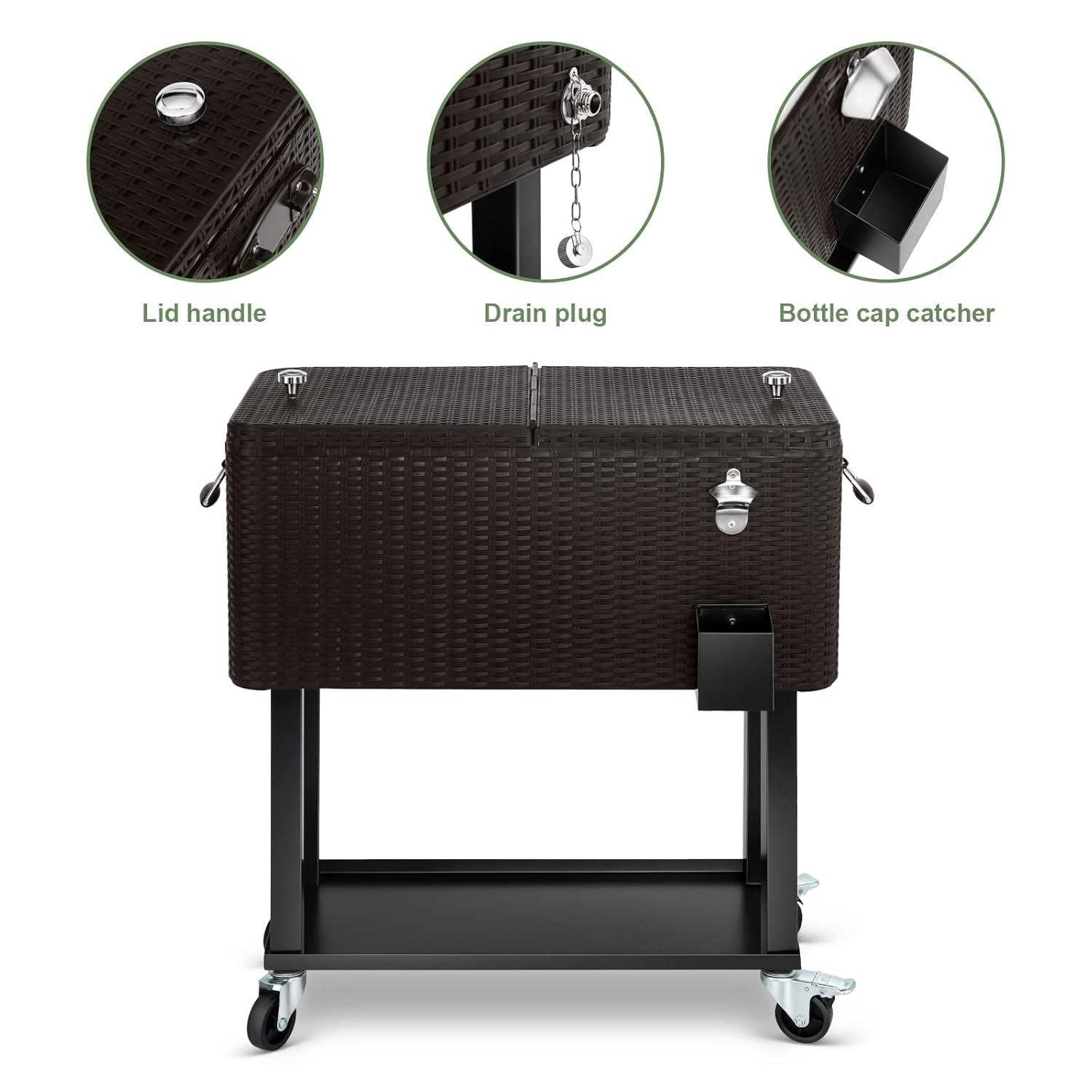 Bring Home Furniture Outdoor 80 Qt Rolling Cooler Cart, with Bottle Opener + Storage Shelf Camping Beverage Ice Chest