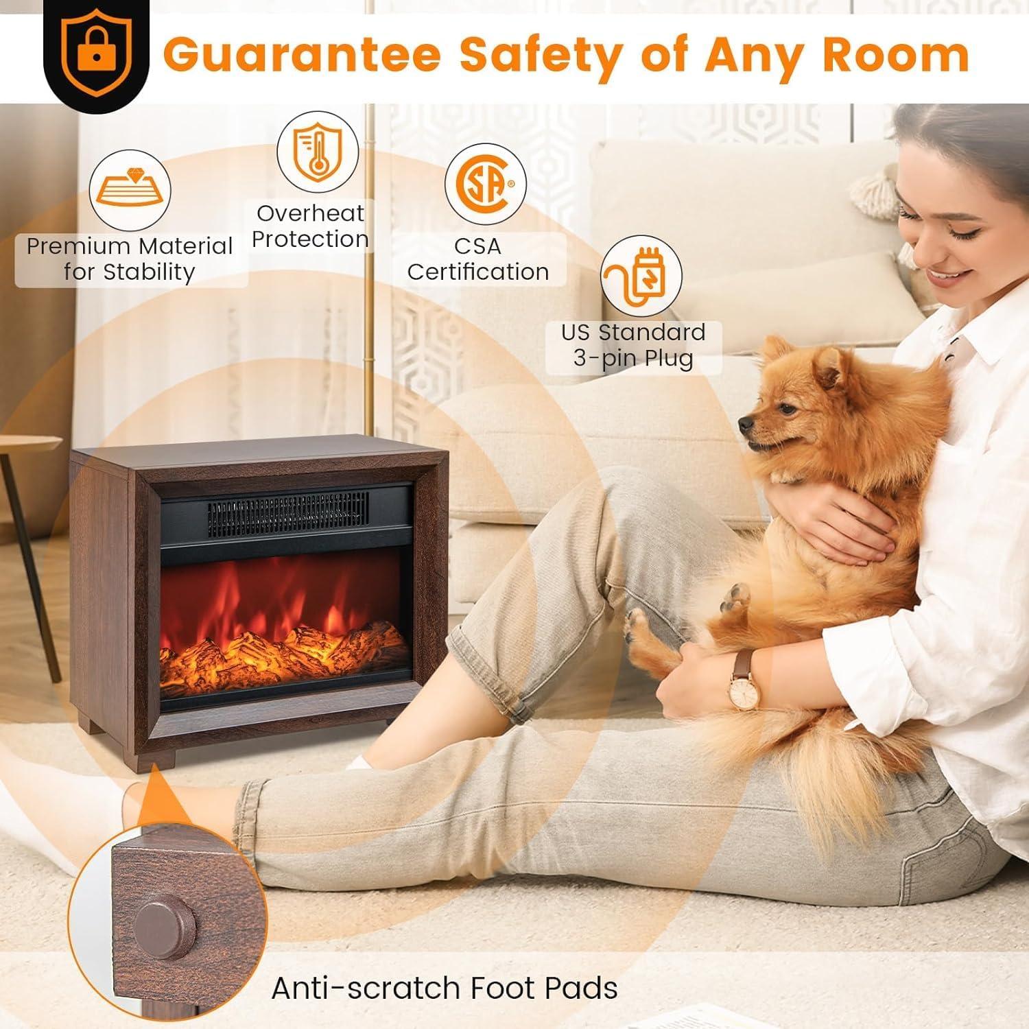 Mini Brown Wooden Electric Tabletop Fireplace Heater