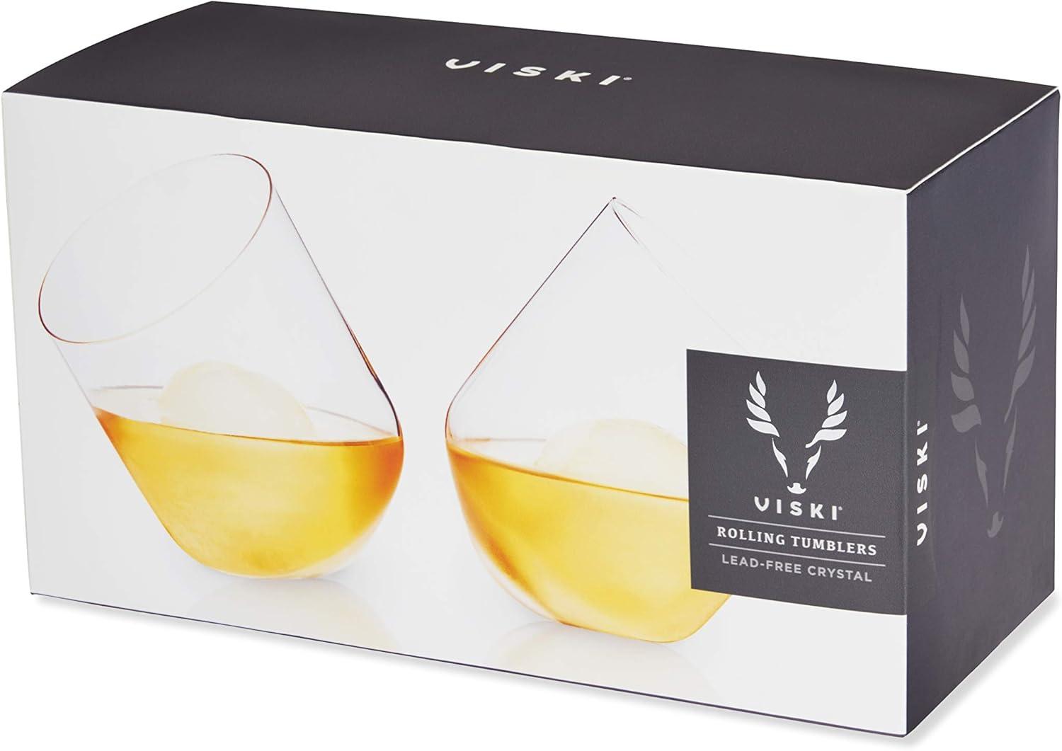 Viski Rolling Crystal Whiskey Tumblers Set of 2, Lead-Free Premium Crystal Clear Glass, Classic Lowball Cocktail Glasses, Scotch Glass Gift Set, 12 oz