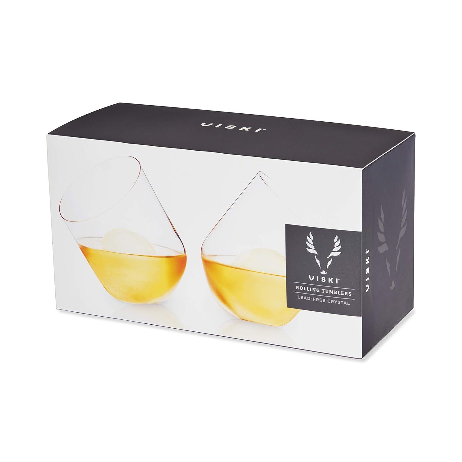 Viski Rolling Crystal Whiskey Tumblers Set of 2, Lead-Free Premium Crystal Clear Glass, Classic Lowball Cocktail Glasses, Scotch Glass Gift Set, 12 oz