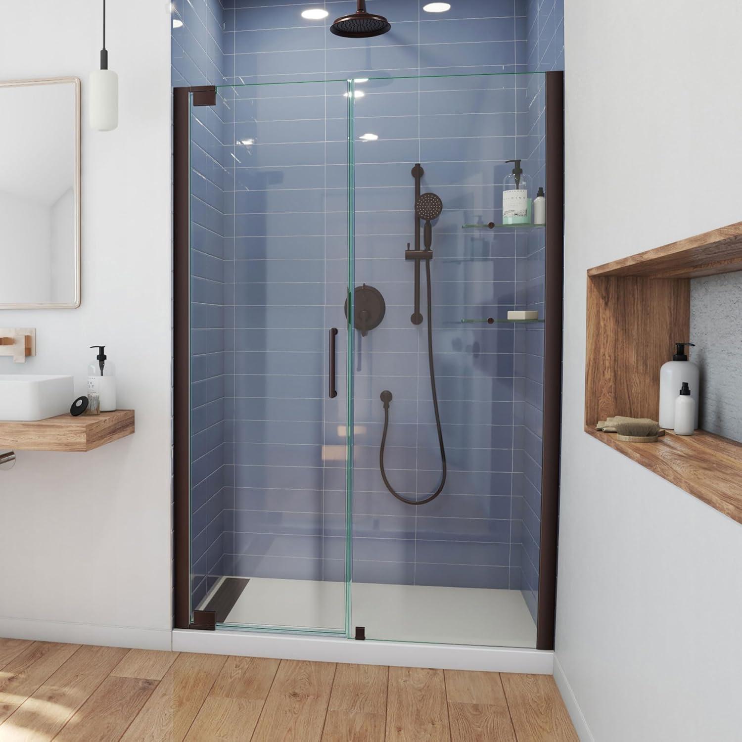 Elegance 53" Frameless Pivot Shower Door in Clear Glass and Bronze