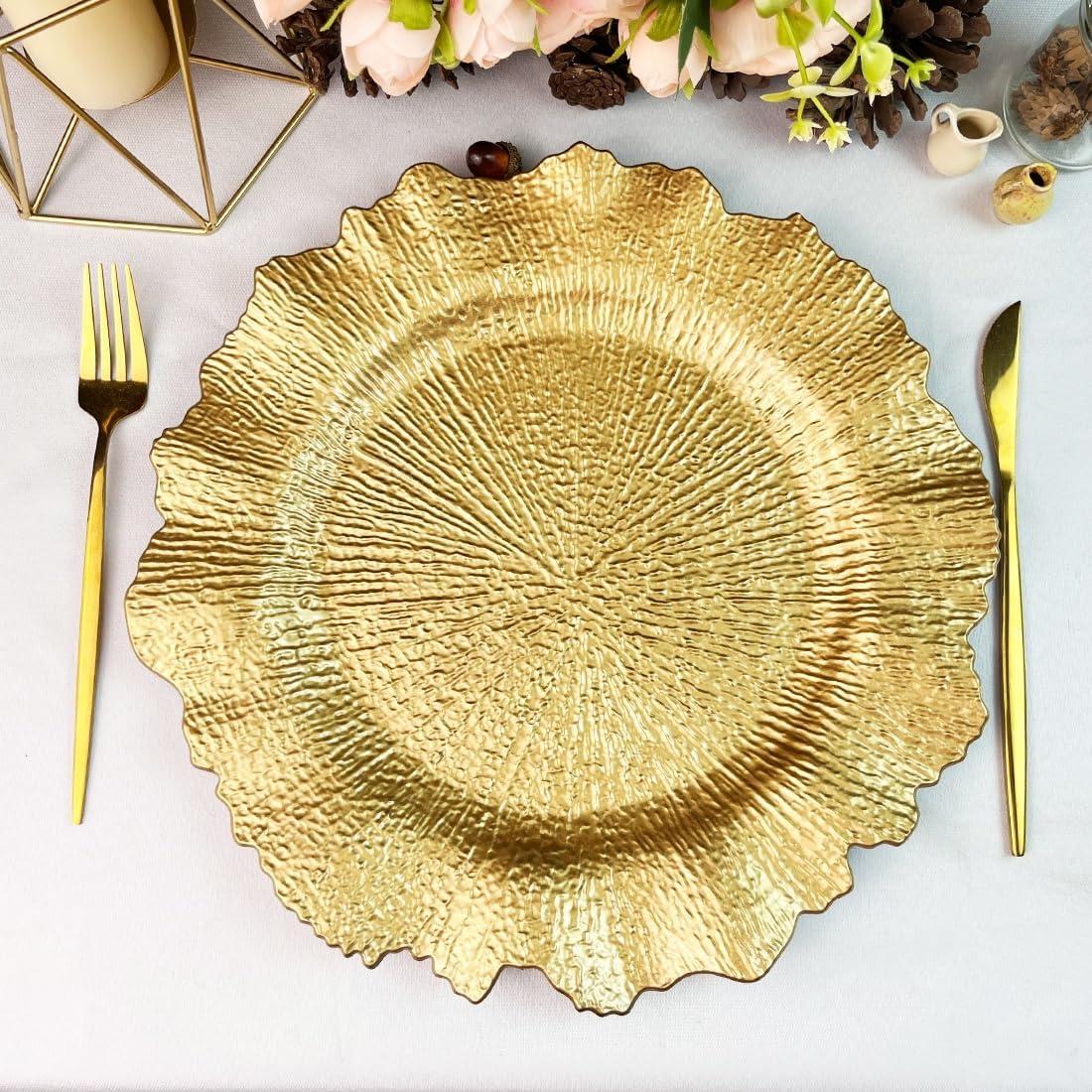 Craft and Party Charger Plate, 6 pcs 13" Round Gold Plastic Reef Charger Plate For Weddings And Elegant Settings With A Metallic Finish