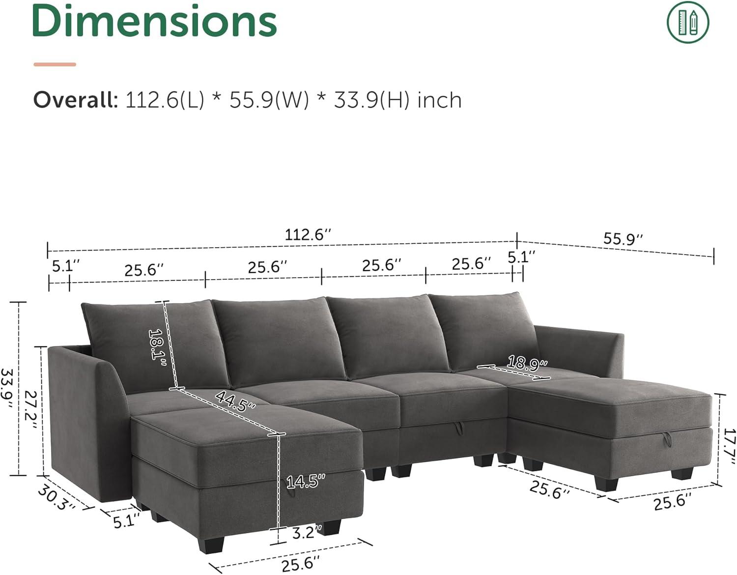 HONBAY Modern Velvet Sectional Sofa Couch with Reversible Chaise and Storage Ottomans for Living Room, Grey