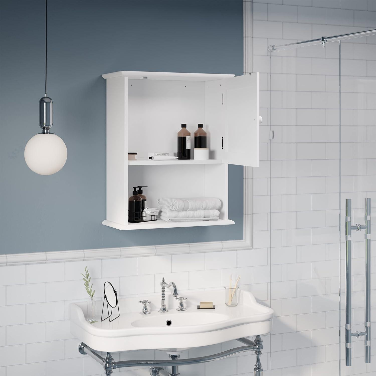 Wall-Mounted Storage Cabinet – Kitchen, Pantry, Laundry Room or Bathroom Organizer with Open Shelf – Bathroom Storage Furniture by Lavish Home (White)
