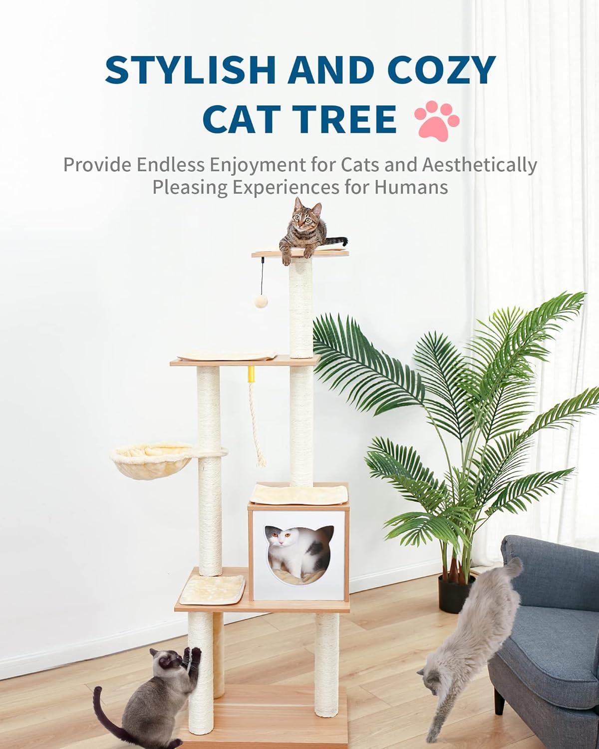 Modern 65" Tall Wood Cat Tree with Hammock and Condo