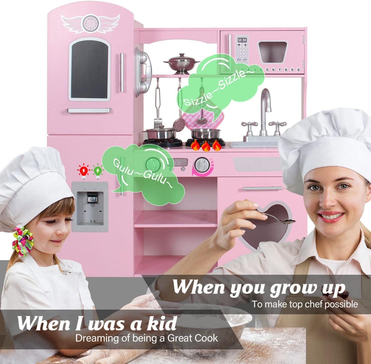 Pink Wooden Play Kitchen Set with LED Lights and Sounds