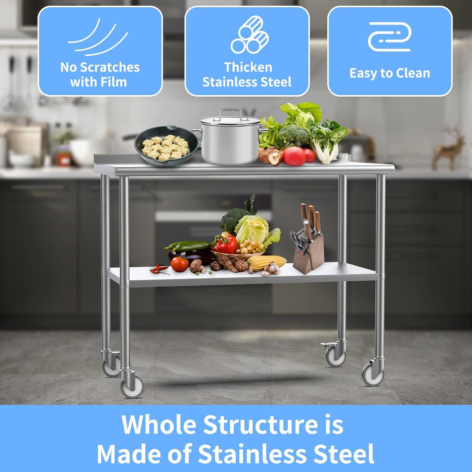 ROVSUN 36'' x 24'' Stainless Steel Table with Backsplash, Pre Work Table Metal Table for Kitchen Restaurant Home