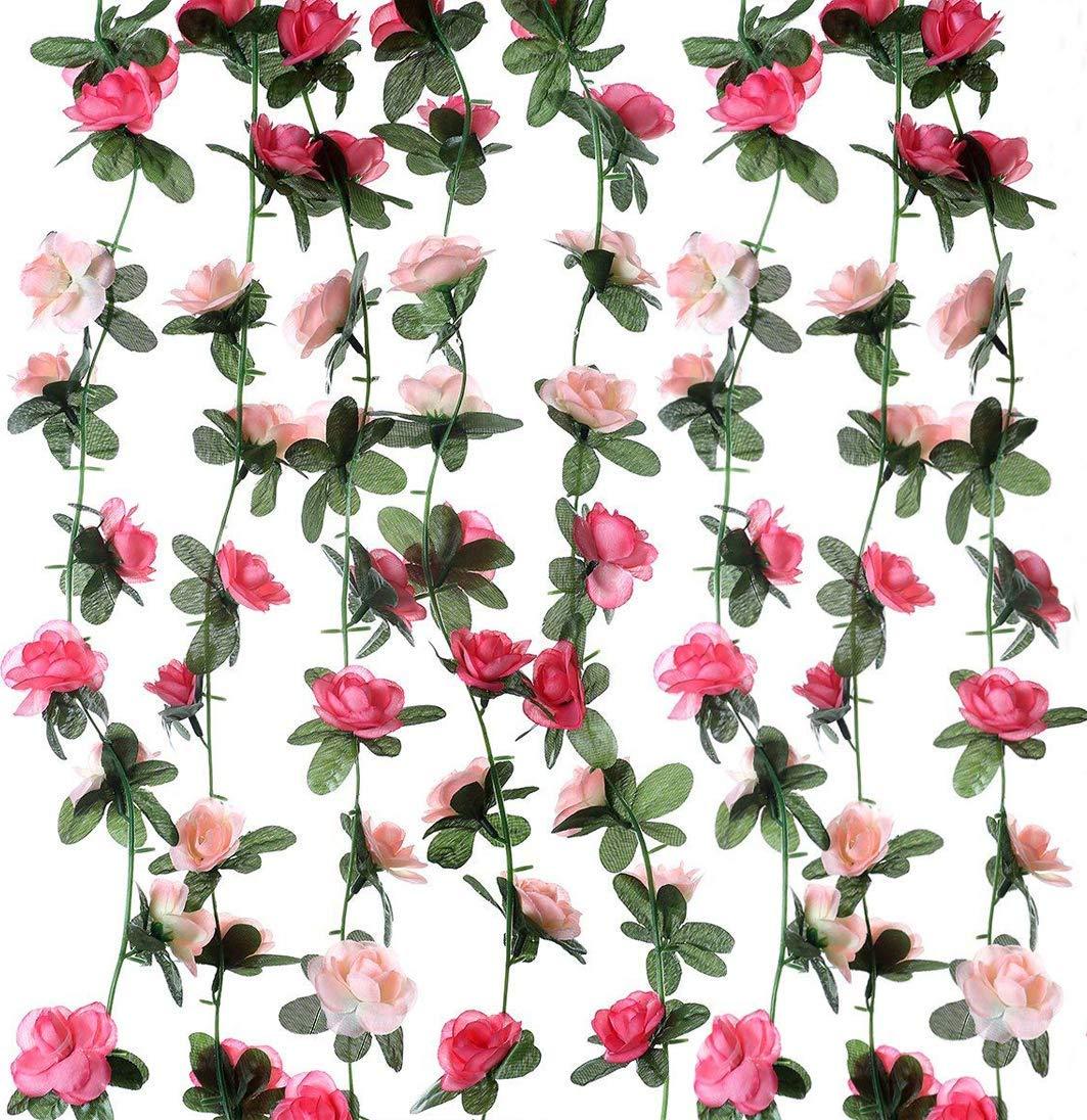Miracliy 8Pcs 66FT Pink Flower Garland, Artificial Rose Floral Vines Fake Hanging Spring Flower Garland for Wall Backdrop Wedding Arch Tea Party Door Mantle Decoration