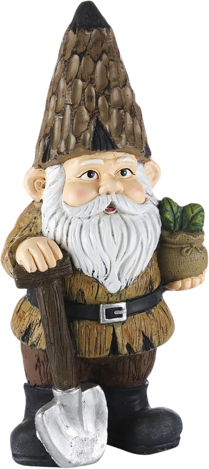 Alpine Corporation 7" x 6" x 16" Polystone Gnome with Shovel Garden Statue, Brown