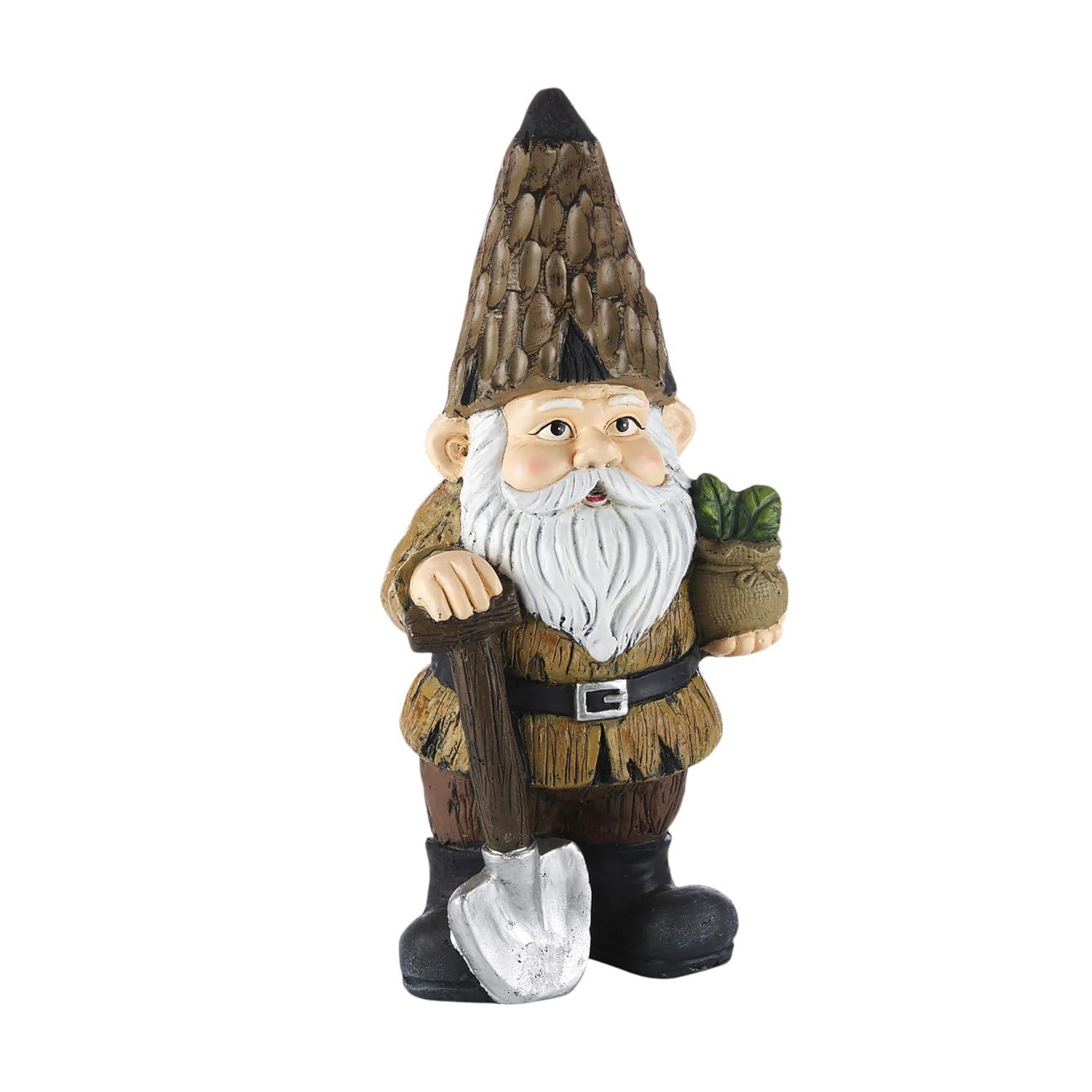 Alpine Corporation 7" x 6" x 16" Polystone Gnome with Shovel Garden Statue, Brown