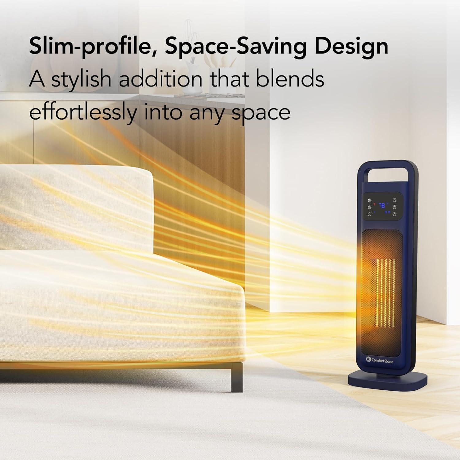 Comfort Zone 26" Oscillating Digital Tower Heater with Remote Control for Indoor Use, Adjustable Thermostat, Timer, Overheat Protection, Tip-Over Switch, Ideal for Home, Bedroom, & Office, HT1206-NVY