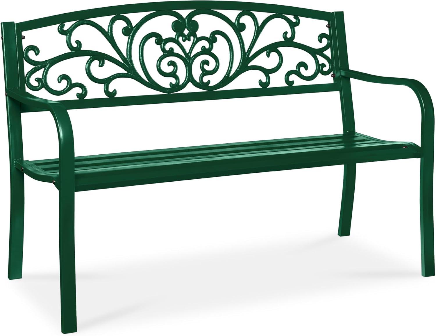 World Menagerie Outdoor Steel Bench with Floral Backrest & Slatted Seat, Marigold for Garden, Patio, Porch, Lawn, and Deck