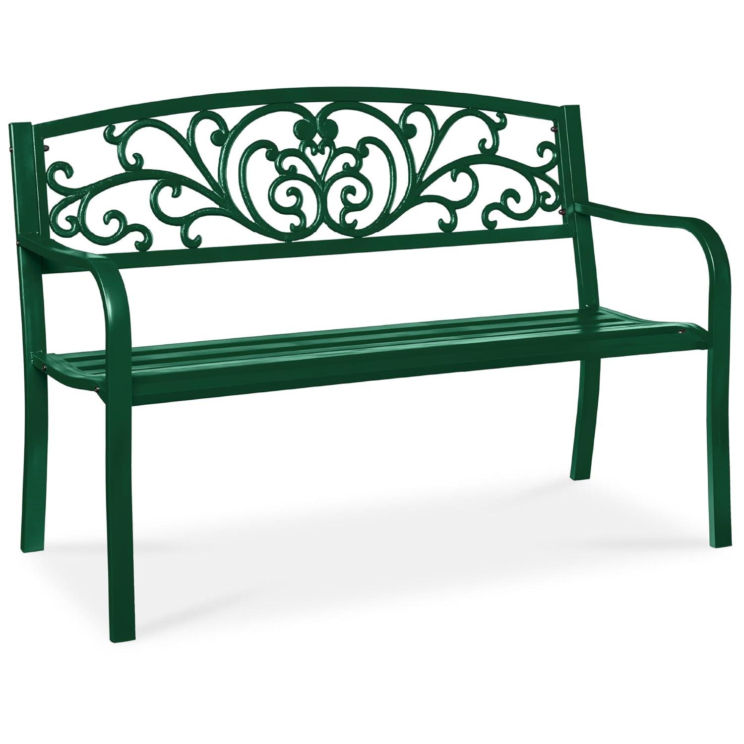 World Menagerie Outdoor Steel Bench with Floral Backrest & Slatted Seat, Marigold for Garden, Patio, Porch, Lawn, and Deck