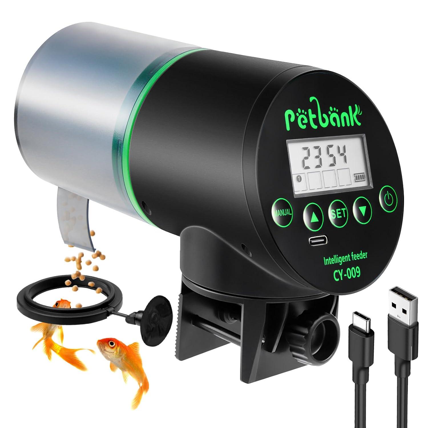 Petbank Automatic Fish Feeder for Aquarium, Auto Fish Food Dispenser with Timer, USB Charging, Green