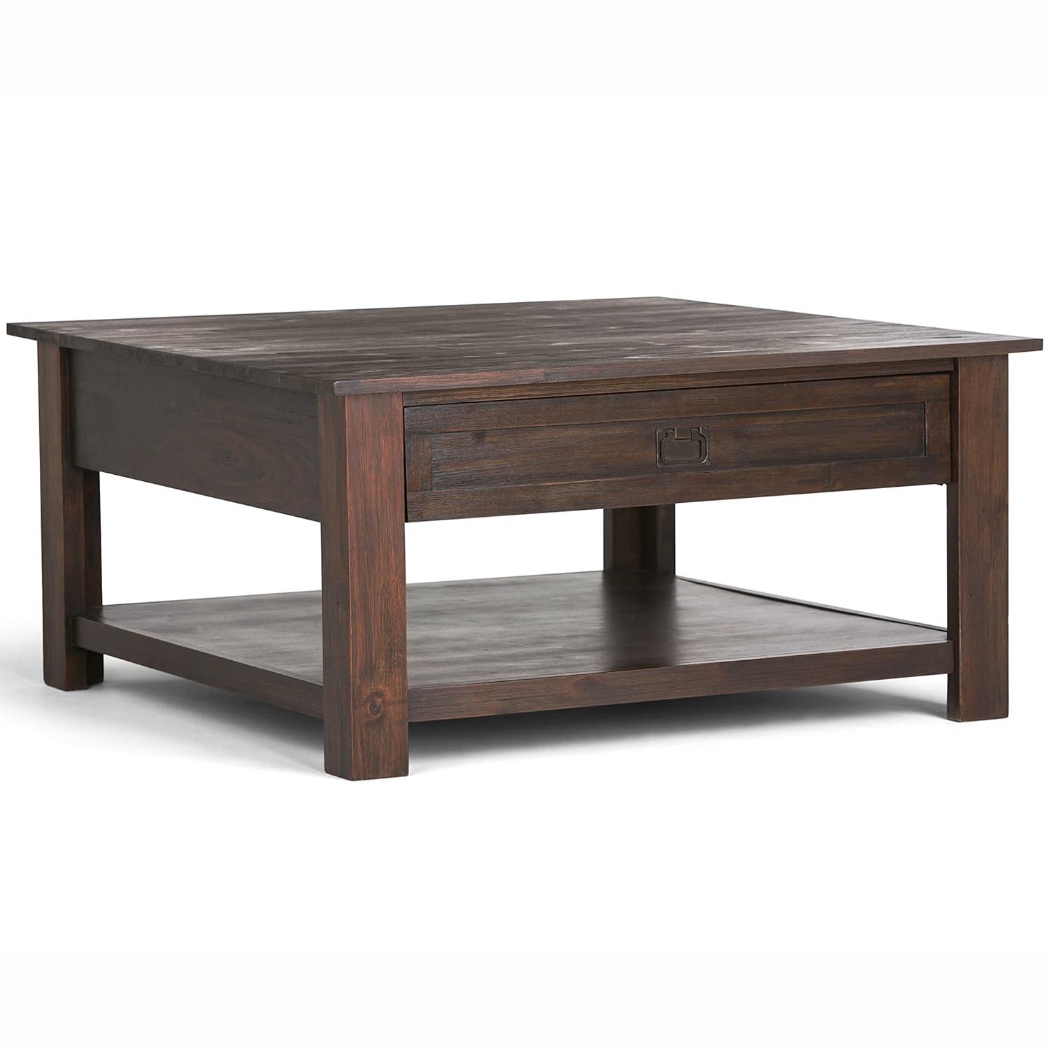 Simpli Home Monroe SOLID ACACIA WOOD 38 inch Wide Square Rustic Coffee Table in Distressed Charcoal Brown