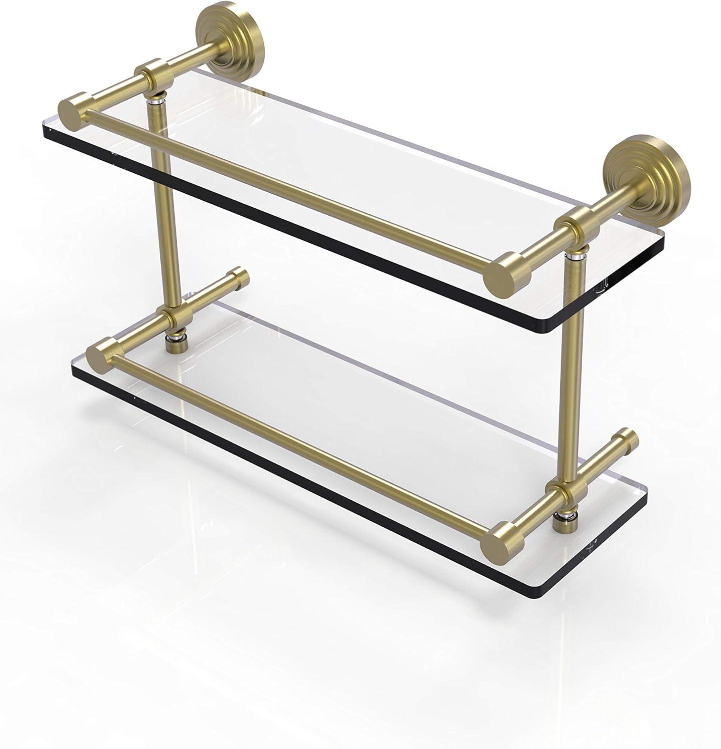 Satin Brass 16" Wall-Mounted Double Glass Shelf with Gallery Rail