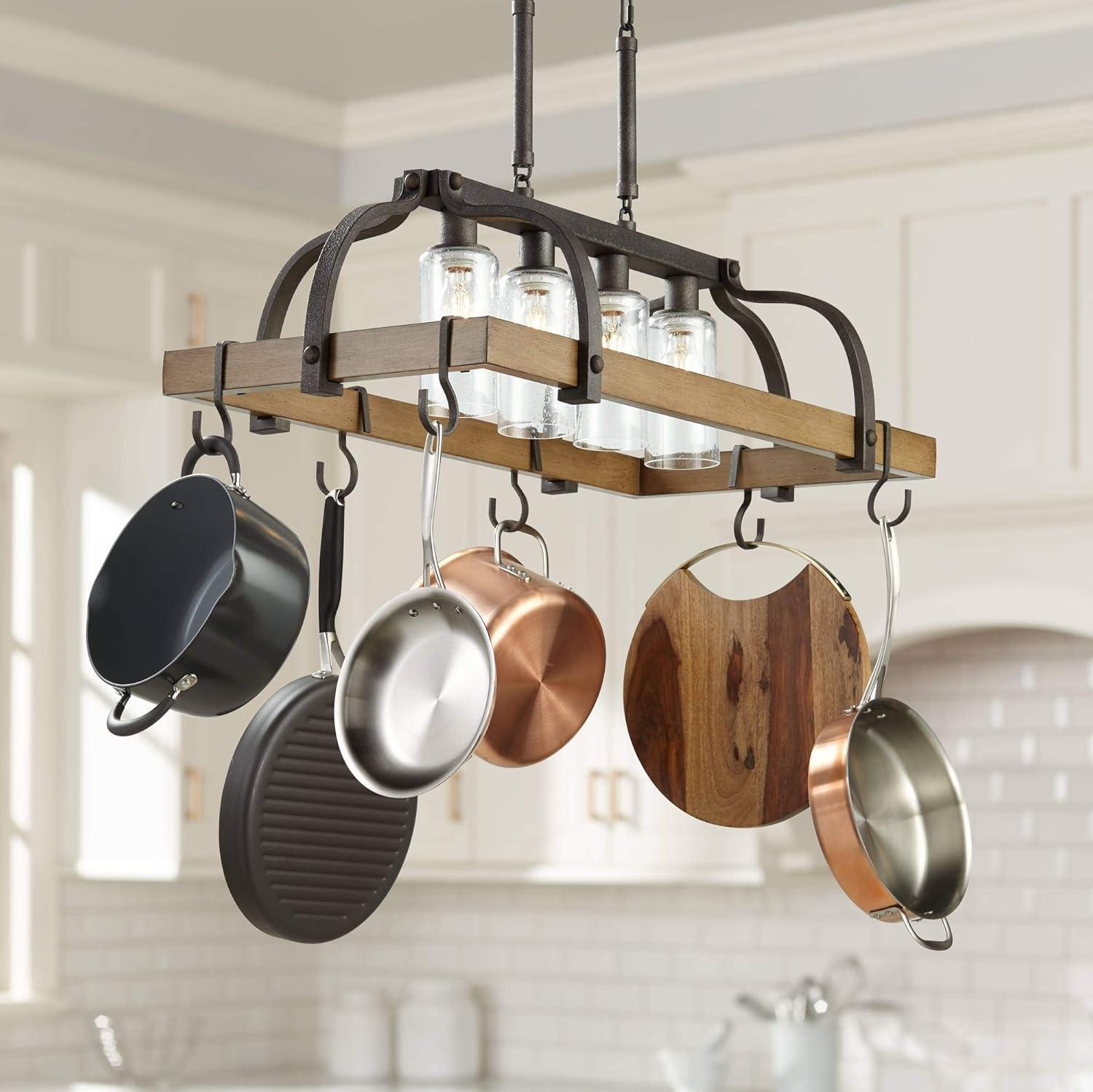 Eldridge Bronze and Wood Pot Rack Chandelier with Seeded Glass