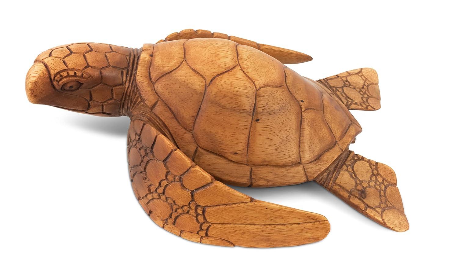 Handcrafted Mahogany Suar Wood Sea Turtle Sculpture, 12"