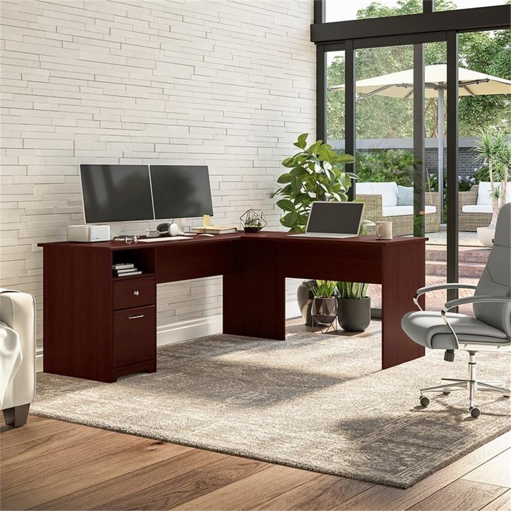 Bush Furniture Cabot 72" L Shaped Desk with Storage, Harvest Cherry