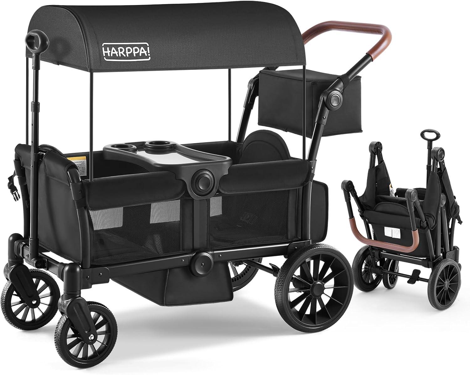 HARPPA Foldable Wagon Stroller for 2 Toddlers with Pull & Push Handle, Canopy, 32.9lbs, Black