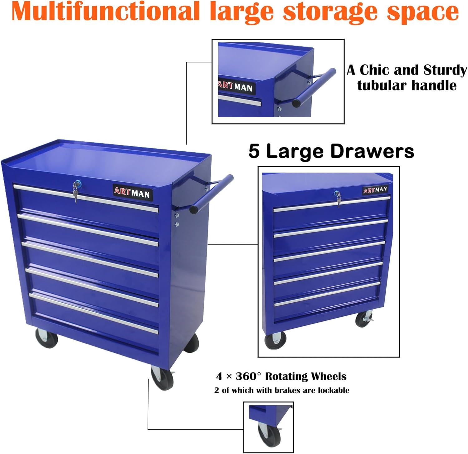 5 Large Drawers Tool Cart on Wheels,Rolling Tool Chest Tool Storage,Drawers Rolling Tool Trolley Organizer Tool Case for Garage, Warehouse, Workshop, Repair Shop (5 Large Drawers-29.3" H-Blue)