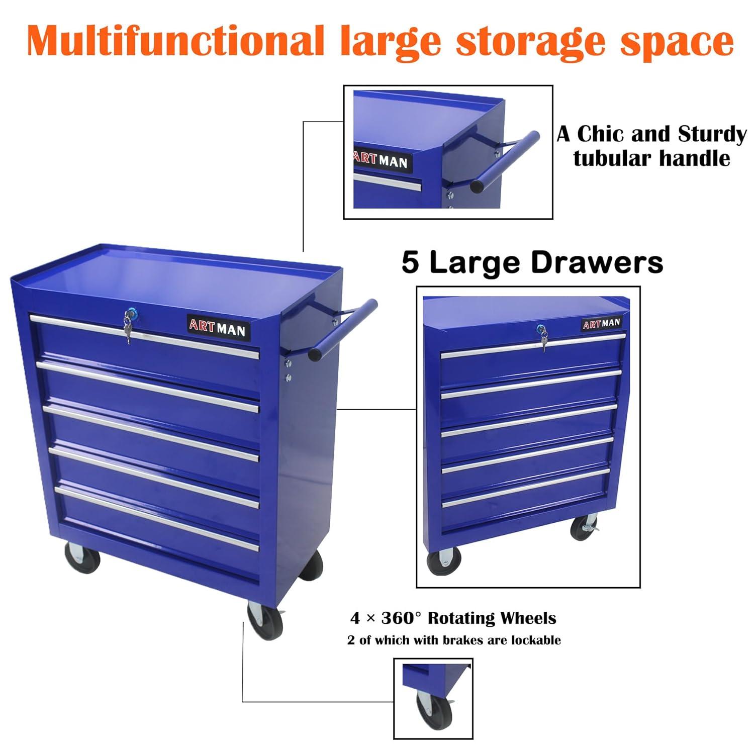 5 Large Drawers Tool Cart on Wheels,Rolling Tool Chest Tool Storage,Drawers Rolling Tool Trolley Organizer Tool Case for Garage, Warehouse, Workshop, Repair Shop (5 Large Drawers-29.3" H-Blue)