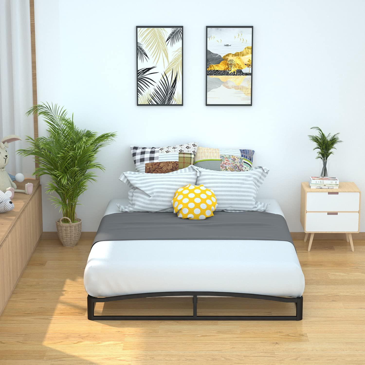 Amazon Basics Metal Platform Bed Frame, with Wood Slat Support, 6 inches High, Queen, Black