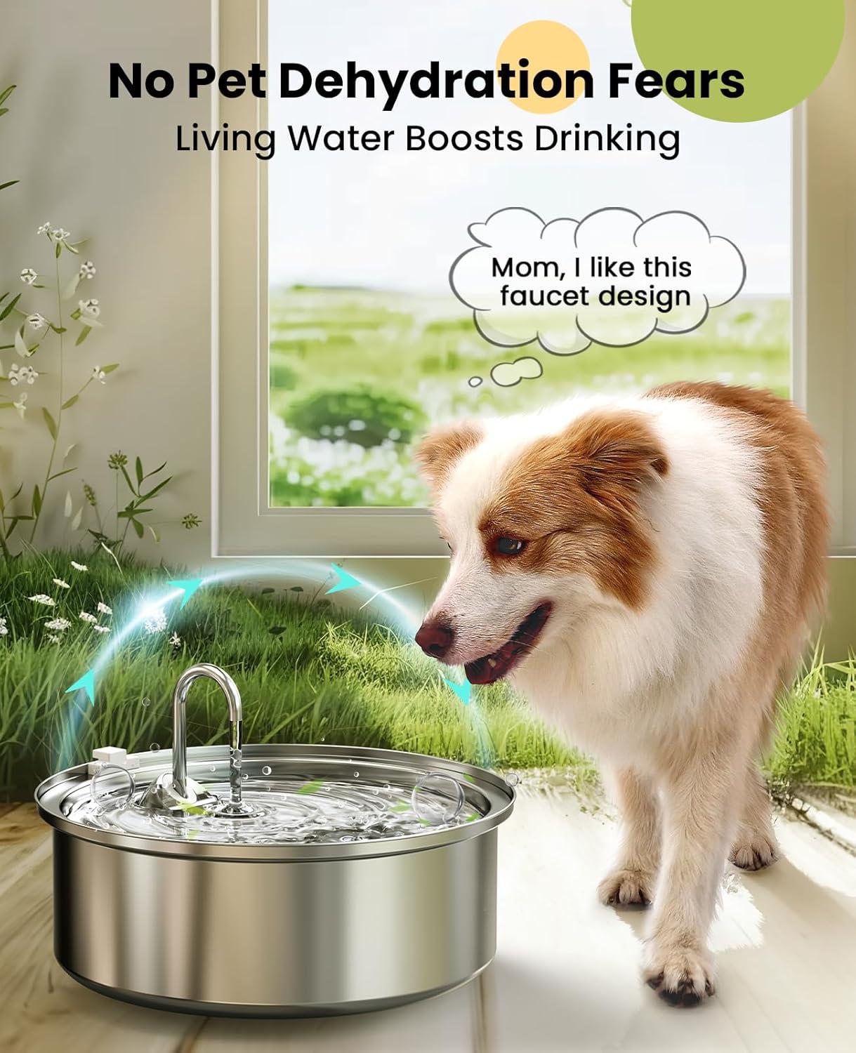 Dog Water Fountain for Large HYZ01 Dogs: Stainless Steel Dog Fountain -1.8Gal/7L Dog Fountain Water Bowl - Dog Fountain - Pet Water Fountain for Dogs - 6 Filters + 3 Sponge Filters - FOFNON