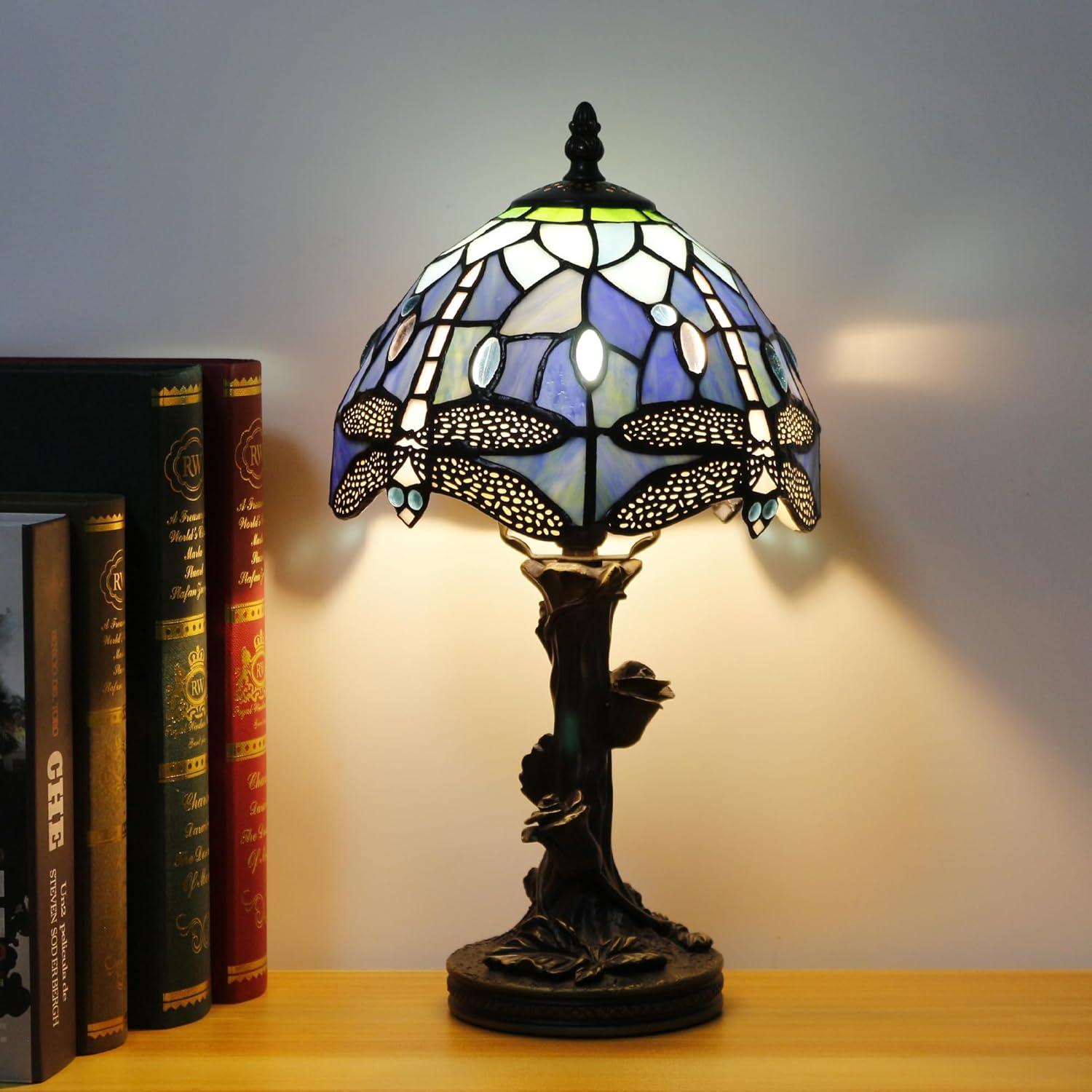 Astoria Grand Mampre Tiffany Mini Table Lamp Dragonfly Blue Stained Glass  LED Bulb Included 8"W*8"D*15"H