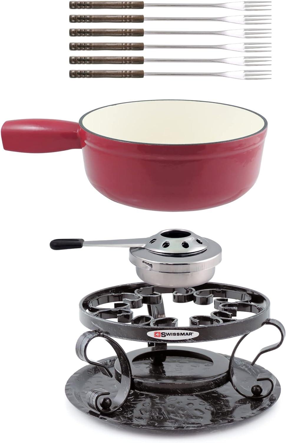 Swissmar Swissmar Lugano 2-Quart Cast Iron Cheese Fondue Set, 9-Piece, Cherry Red