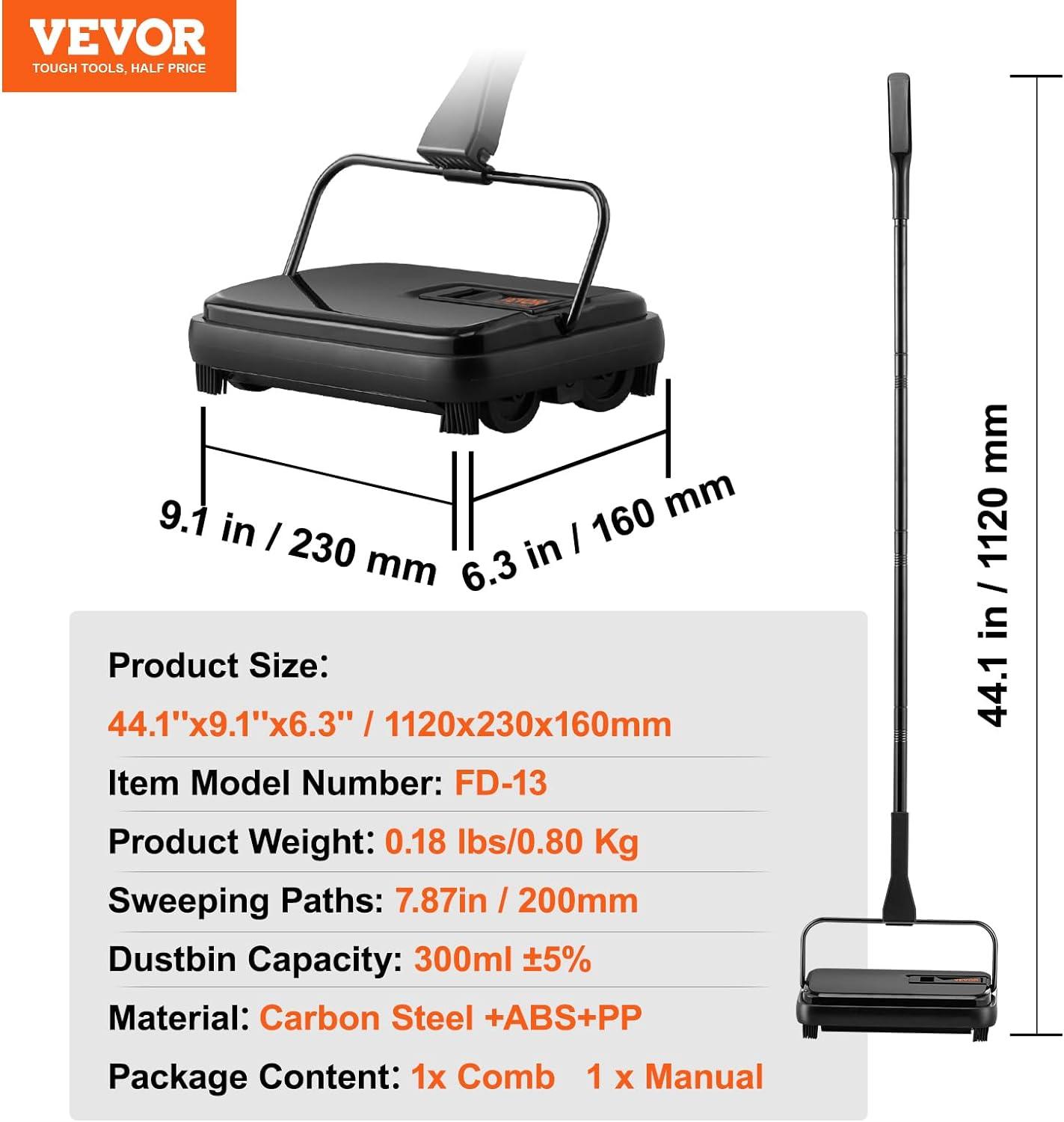 Black Manual Carpet and Hard Surface Floor Sweeper with Swivel Steering