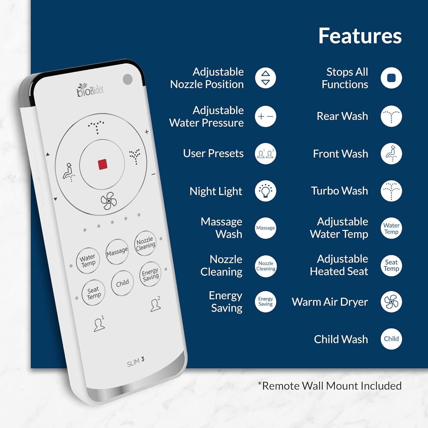 Bio Bidet by BEMIS Slim Three Bidet Toilet Seat, Adjustable Water Temperature with Warm Air Dryer 7ZSLIM3E 000