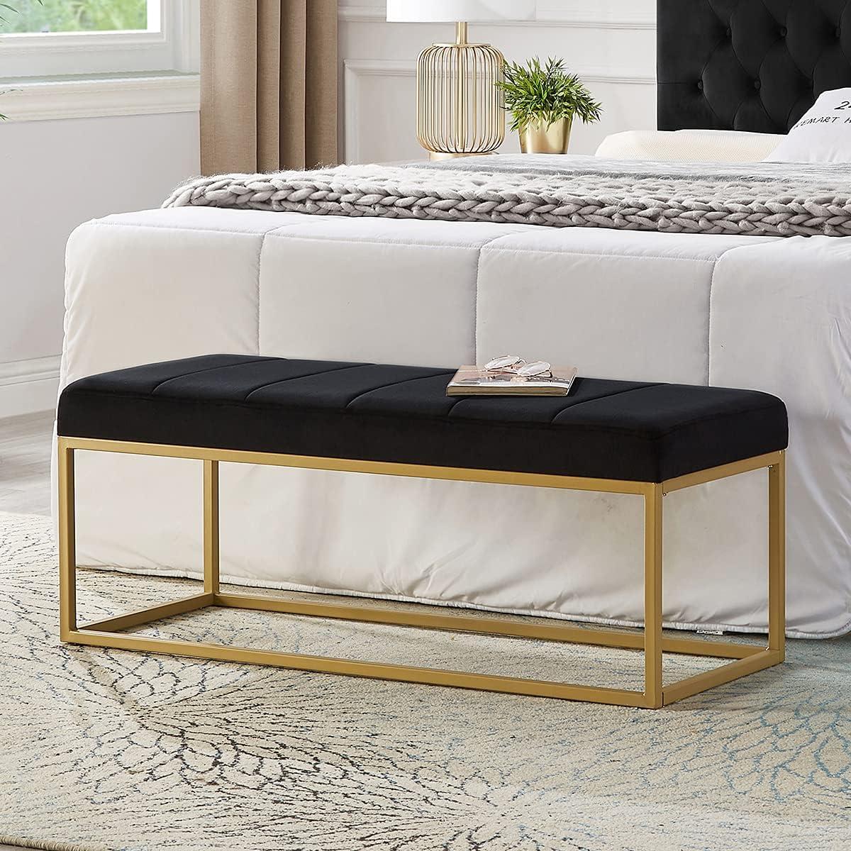 Black Velvet Upholstered Bench with Gold Metal Frame