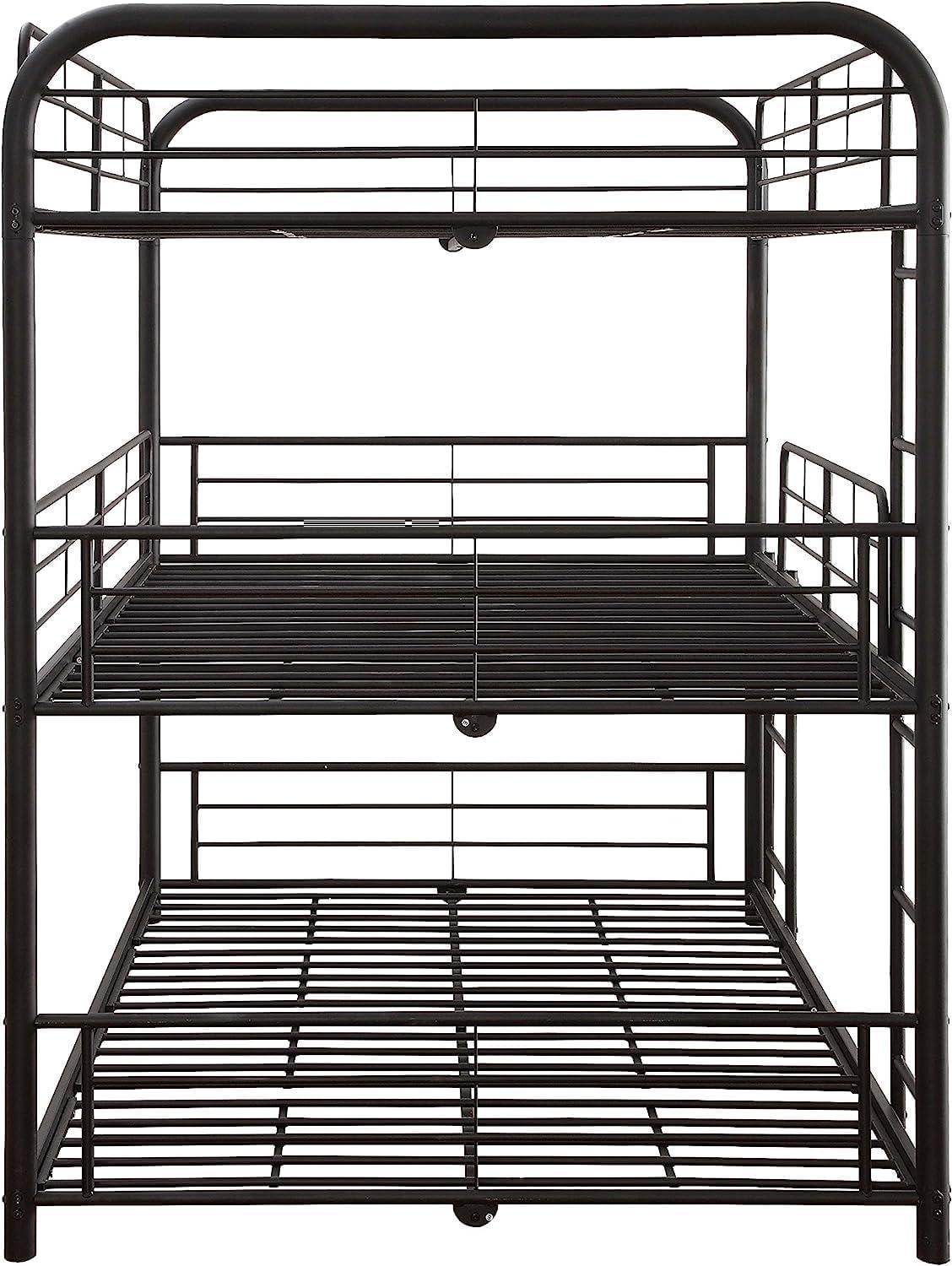 Triple Layer Twin Size Metal Bunk Bed with Attached Ladder, Black- Saltoro Sherpi