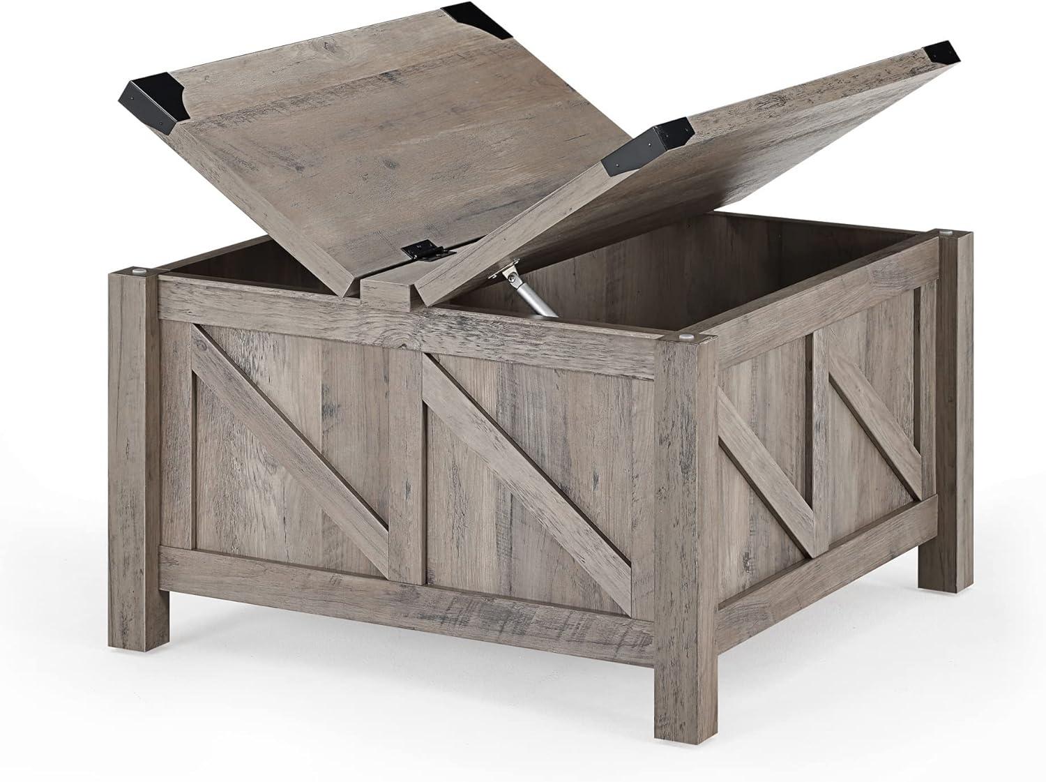 WAMPAT Square Farmhouse Coffee Table with Storage for Living Room, 30x30 inch Wooden Dining Center Table with Gas Spring Flip-Top for Large Hidden Storage, Metal Wrapped Table Corners, Washed Grey