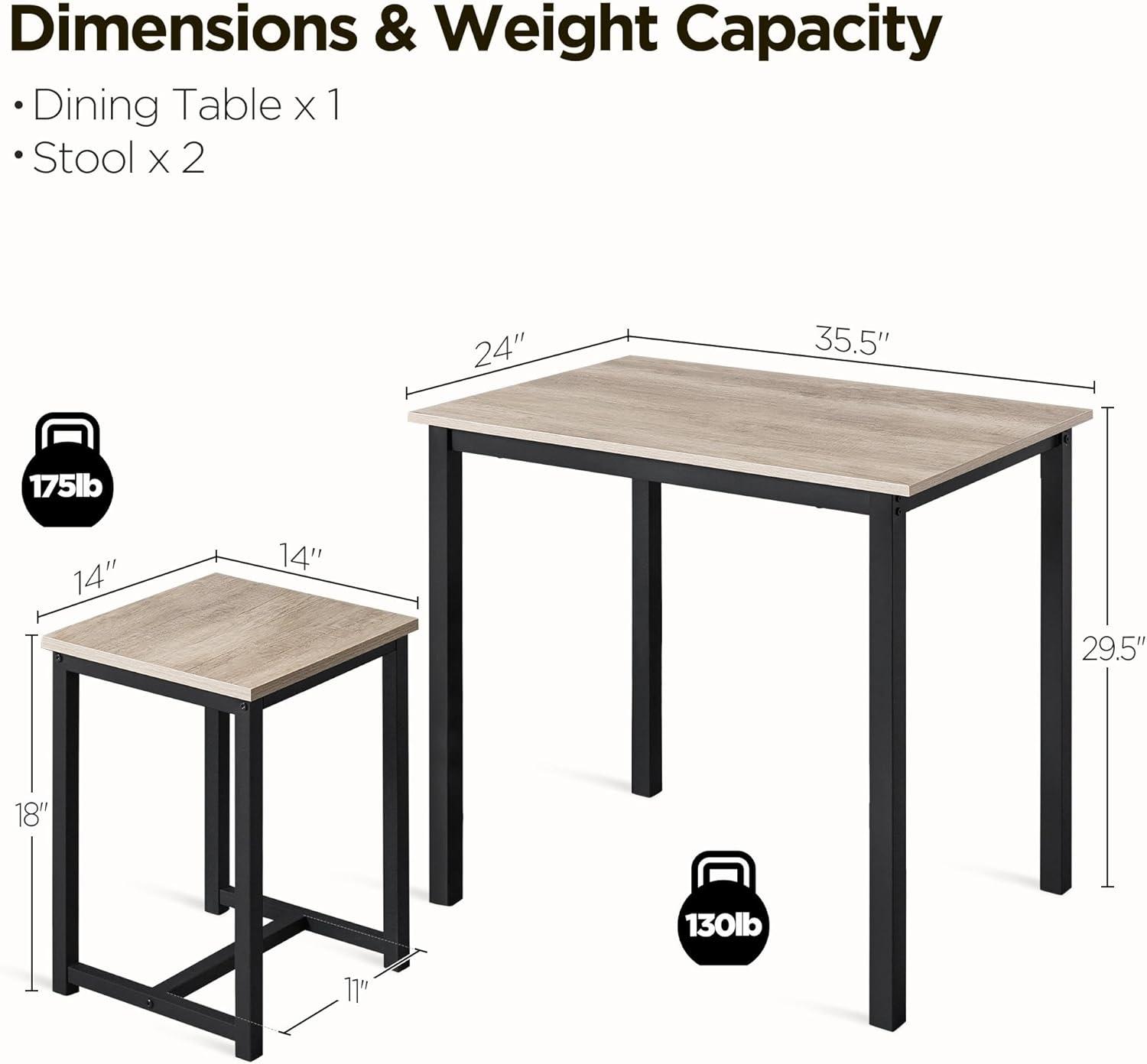 Renwick 3-Piece Dining Set with Industrial Table and 2 Backless Chairs, Gray