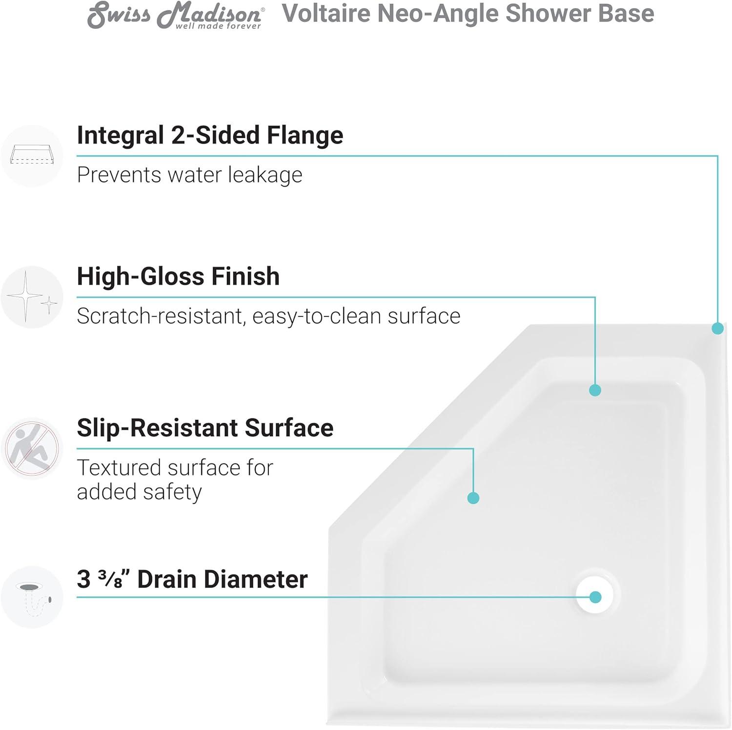 Voltaire 36" x 36" Acrylic White, Single-Threshold, Center Drain, Neo-angle Shower Base