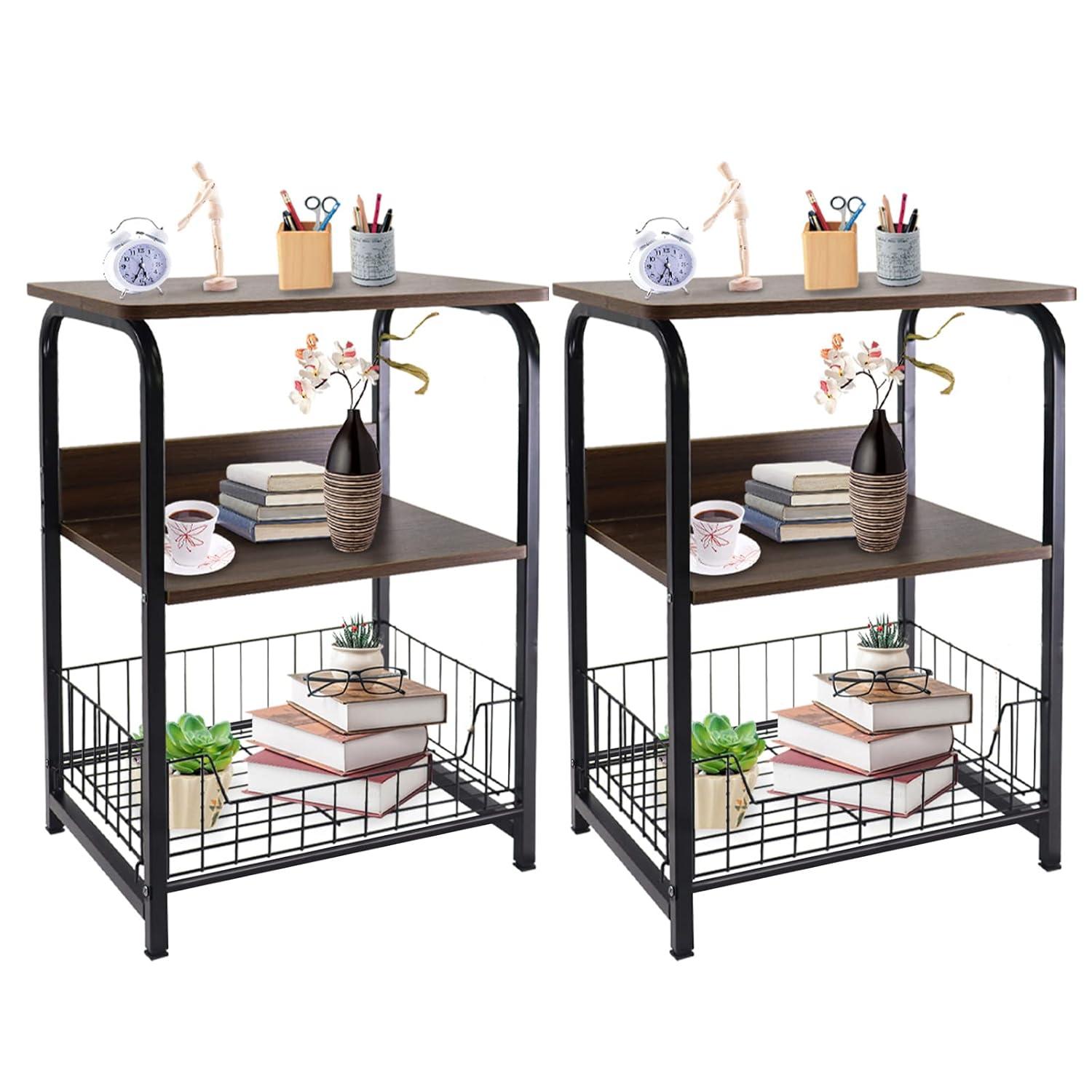 aboxoo End Table Side Table 3 Tiers Nightstand Industrial Retro Storage Shelf for Living Room Bedroom Kitchen Family and Office,Stable Wood and Metal Frame