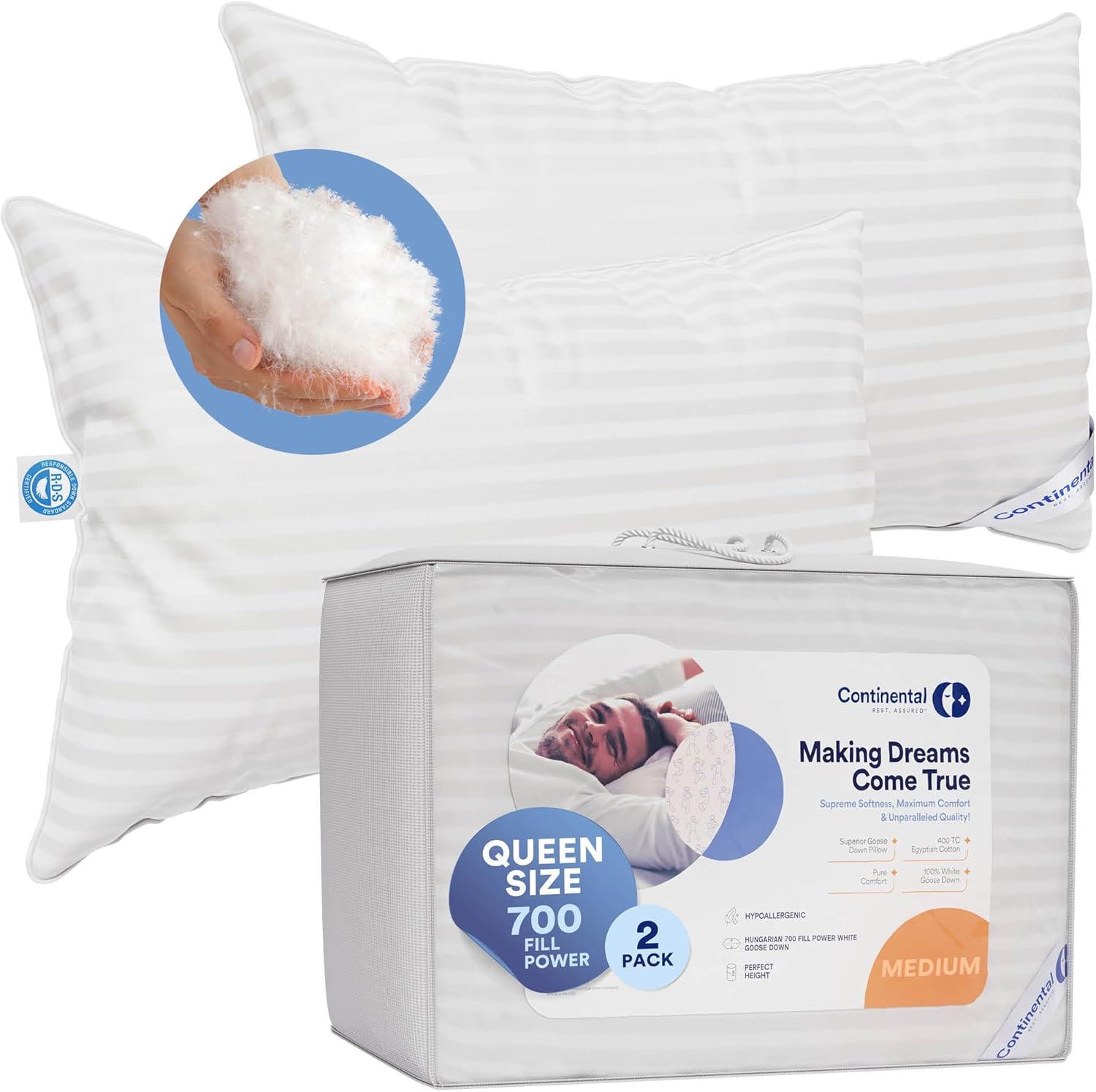 Continental Bedding Luxury 700 Fill Power Down Bed Pillows 2 Pack (Set of 2)