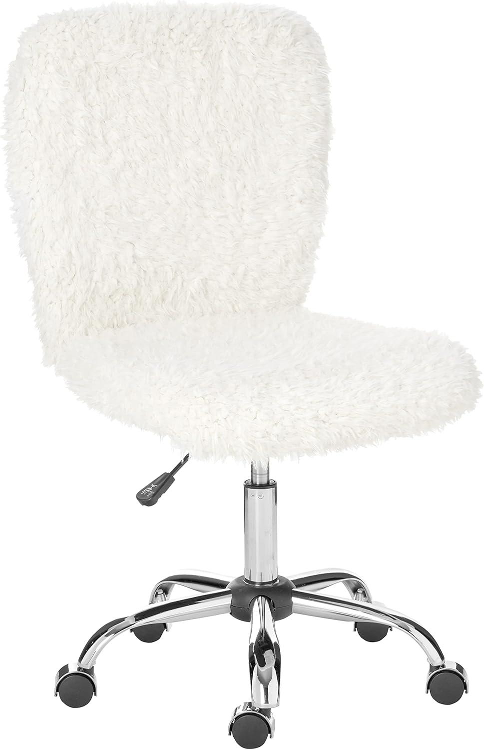 Urban Shop Polyester Faux Fur Armless Swivel Task Office Chair, White, Adjustable Height, Mid Back